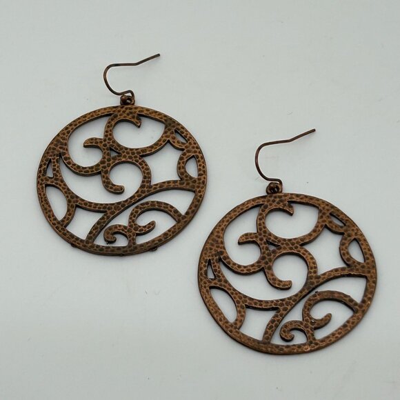 Estate Jewelry - Vintage Copper-Tone Circular Filigree Swirl Earrings With Hook Closure